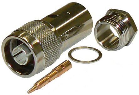 N-type male solder pin, clamp-style connector for RU400 solid core coaxial cable and RG8 coaxial cable, DC-11 GHz, 50 Ohms – nickel plated